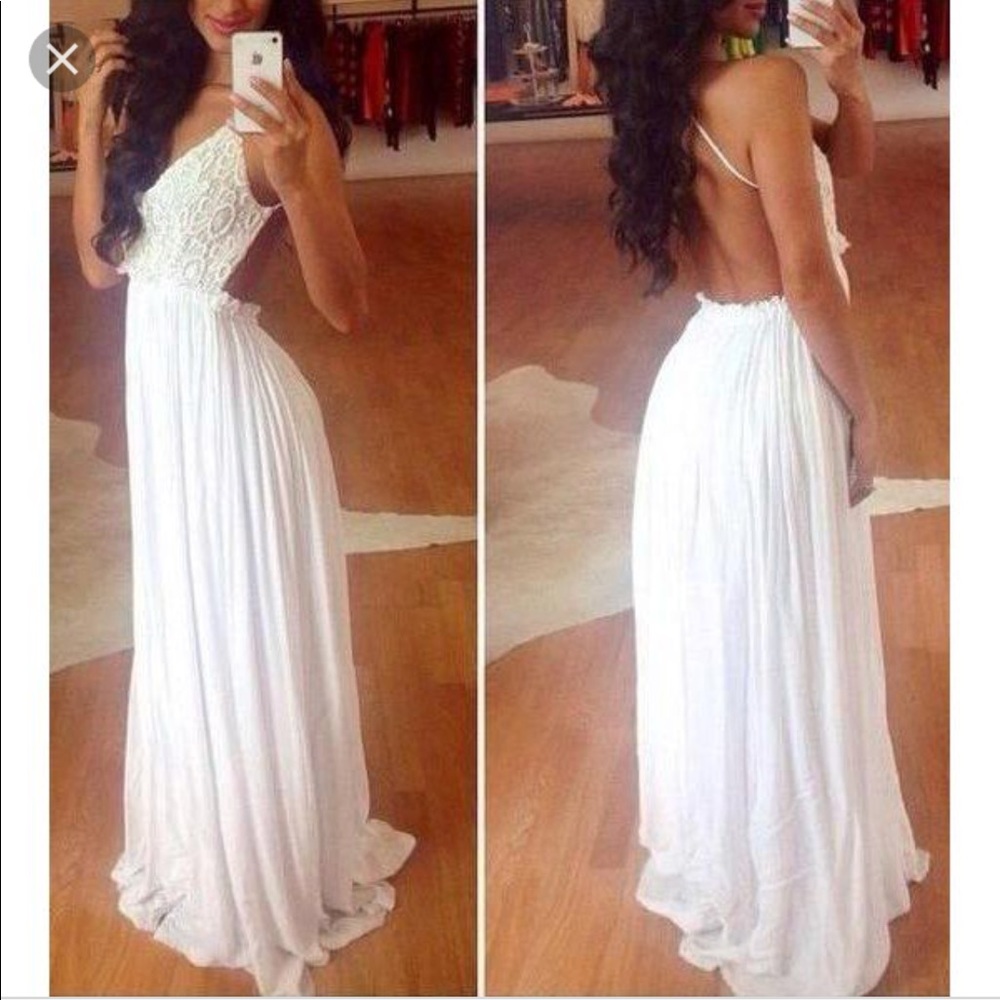 White Backless Wide Hem Lace Splicing Maxi Dress